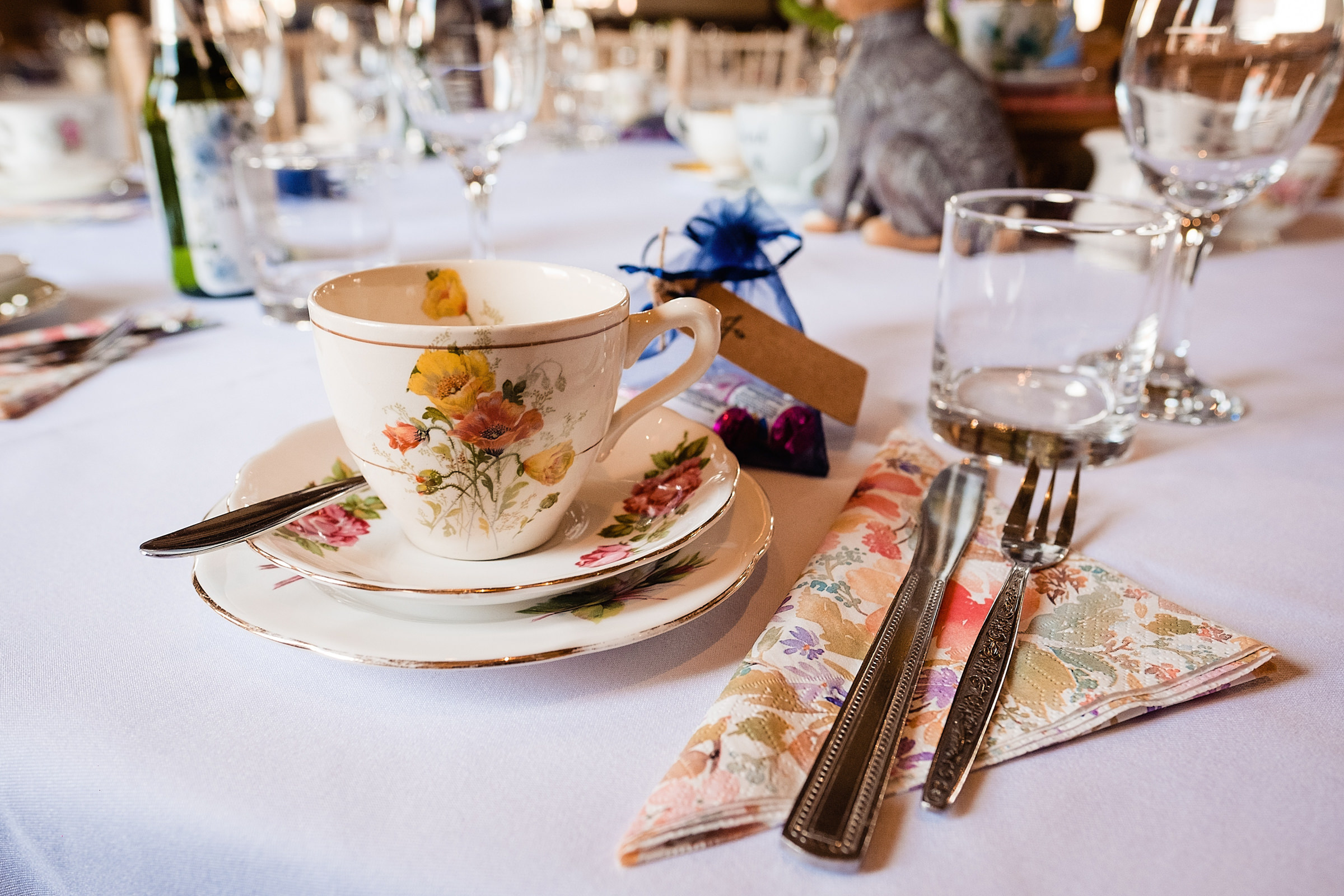 Tea cup and saucer with floral decoration at Abbey Farm Weddings.